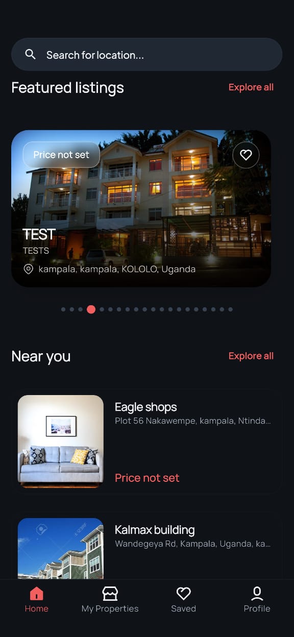 NyumbaRent tenant app showing featured property listings in Kampala