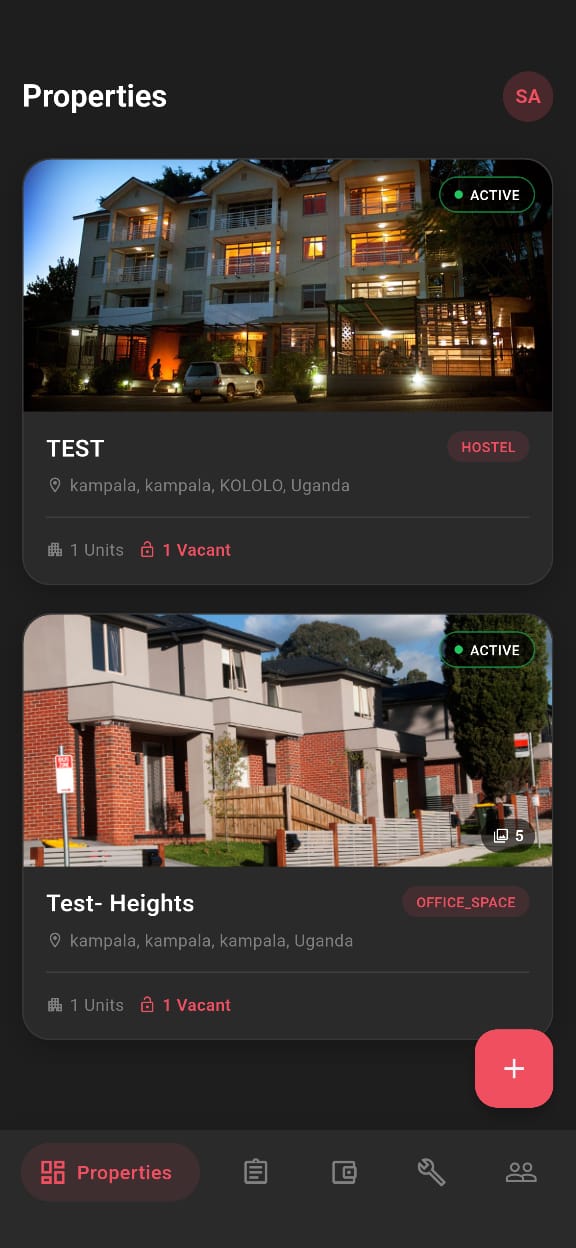 NyumbaRent landlord app showing a property list with unit and vacancy counts