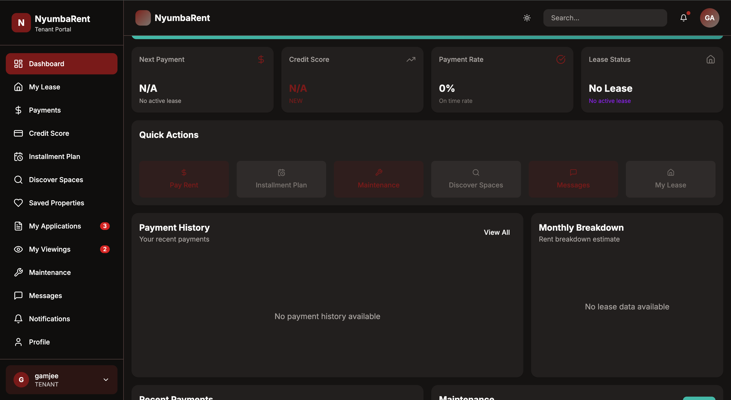 NyumbaRent tenant dashboard showing lease status and payments